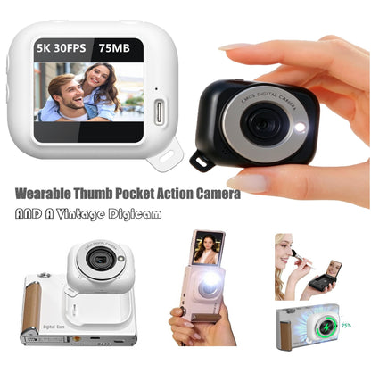5K Wearable Thumb Pocket Action Camera - Digital Handheld Vintage Compact Digicam, 75MP 18X Zoom 180°Flip Screen, Magnetic POV Body Cam with Waterproof Case, Batteries, Charging Clip & 128G SD Card for Students